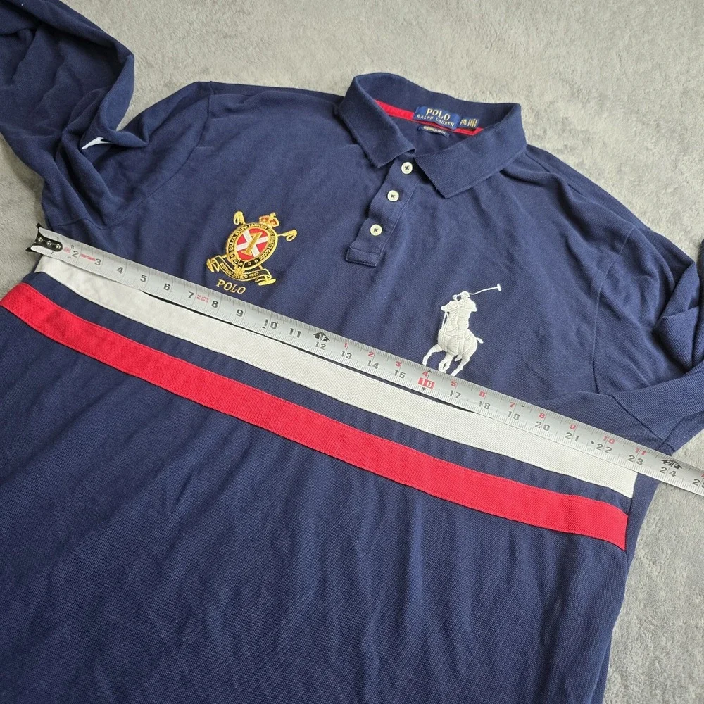 POLO RALPH LAUREN Men's XXL Gold Crest Big Pony Custom Slim Fit L/S Polo Navy